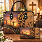 Personalized He Is Risen Easter Cross Leather Handbag | Christian Women & Faith Lovers
