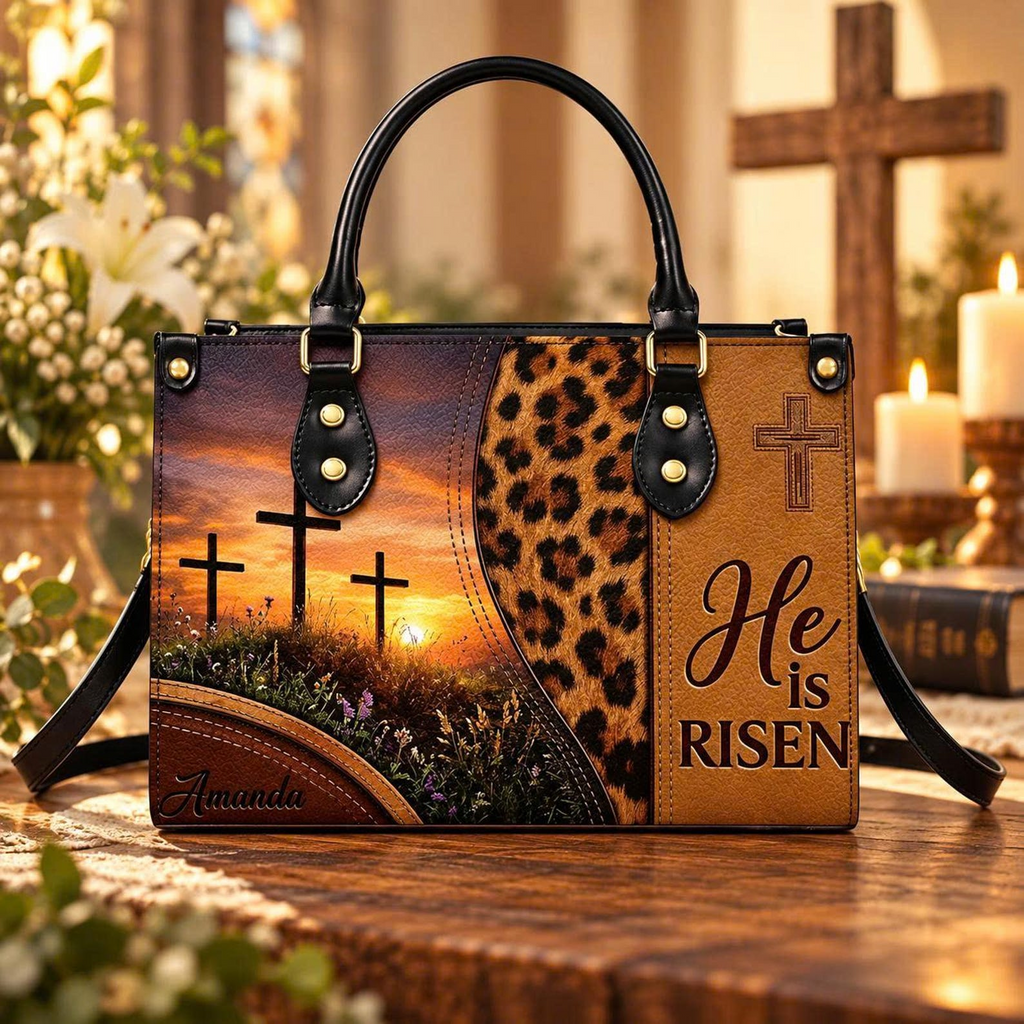 Personalized He Is Risen Easter Cross Leather Handbag | Christian Women & Faith Lovers