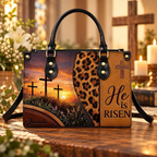 Personalized He Is Risen Easter Cross Leather Handbag | Christian Women & Faith Lovers