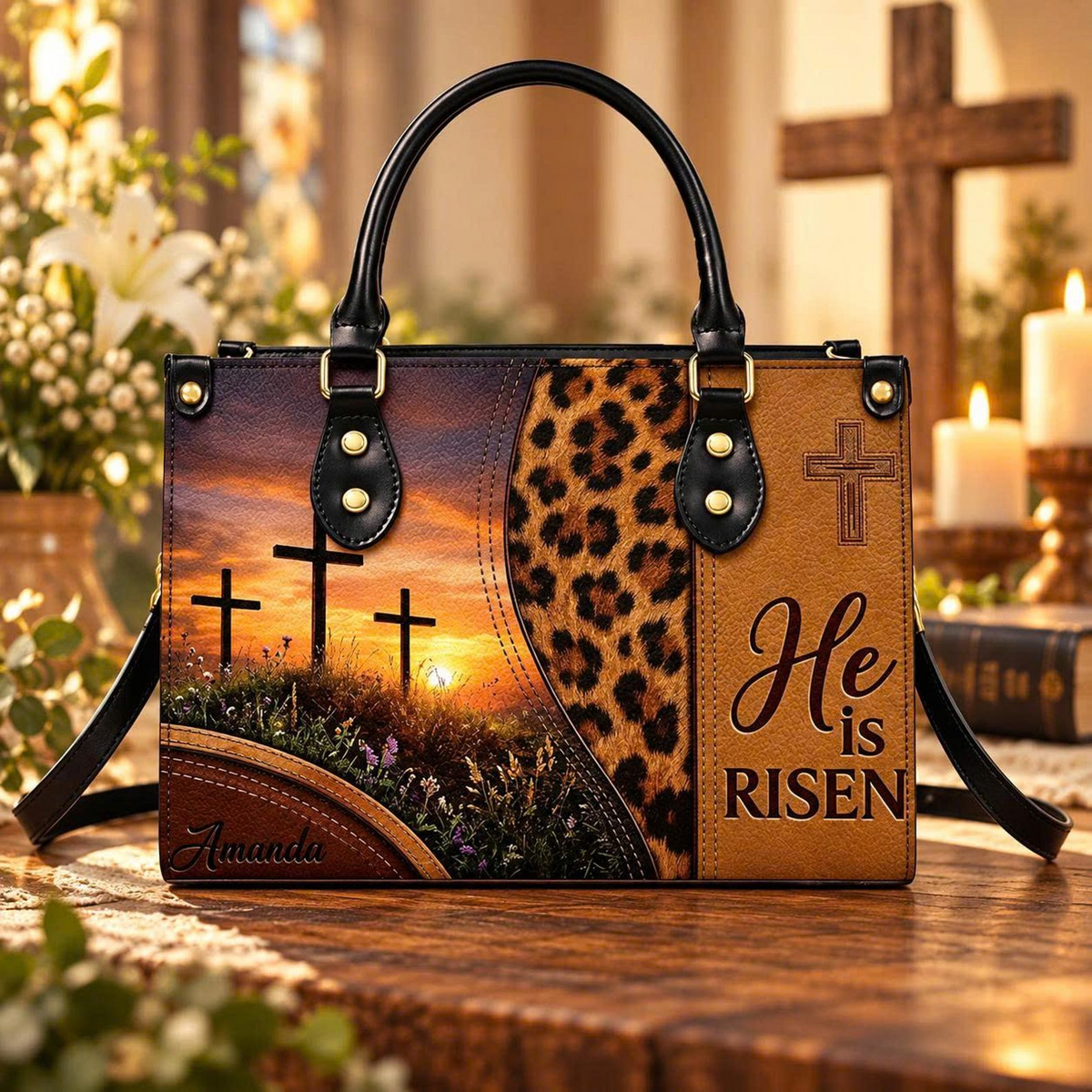 Personalized He Is Risen Easter Cross Leather Handbag | Christian Women & Faith Lovers