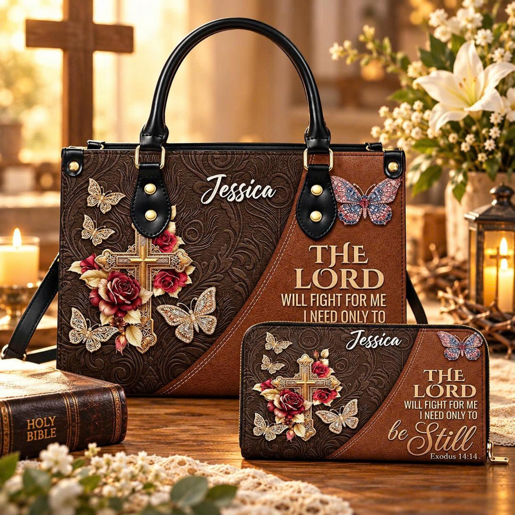 Personalized Exodus 14:14 Be Still Cross Butterfly Leather Handbag | Christian Women & Faith Lovers