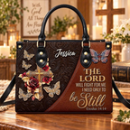Personalized Exodus 14:14 Be Still Cross Butterfly Leather Handbag | Christian Women & Faith Lovers