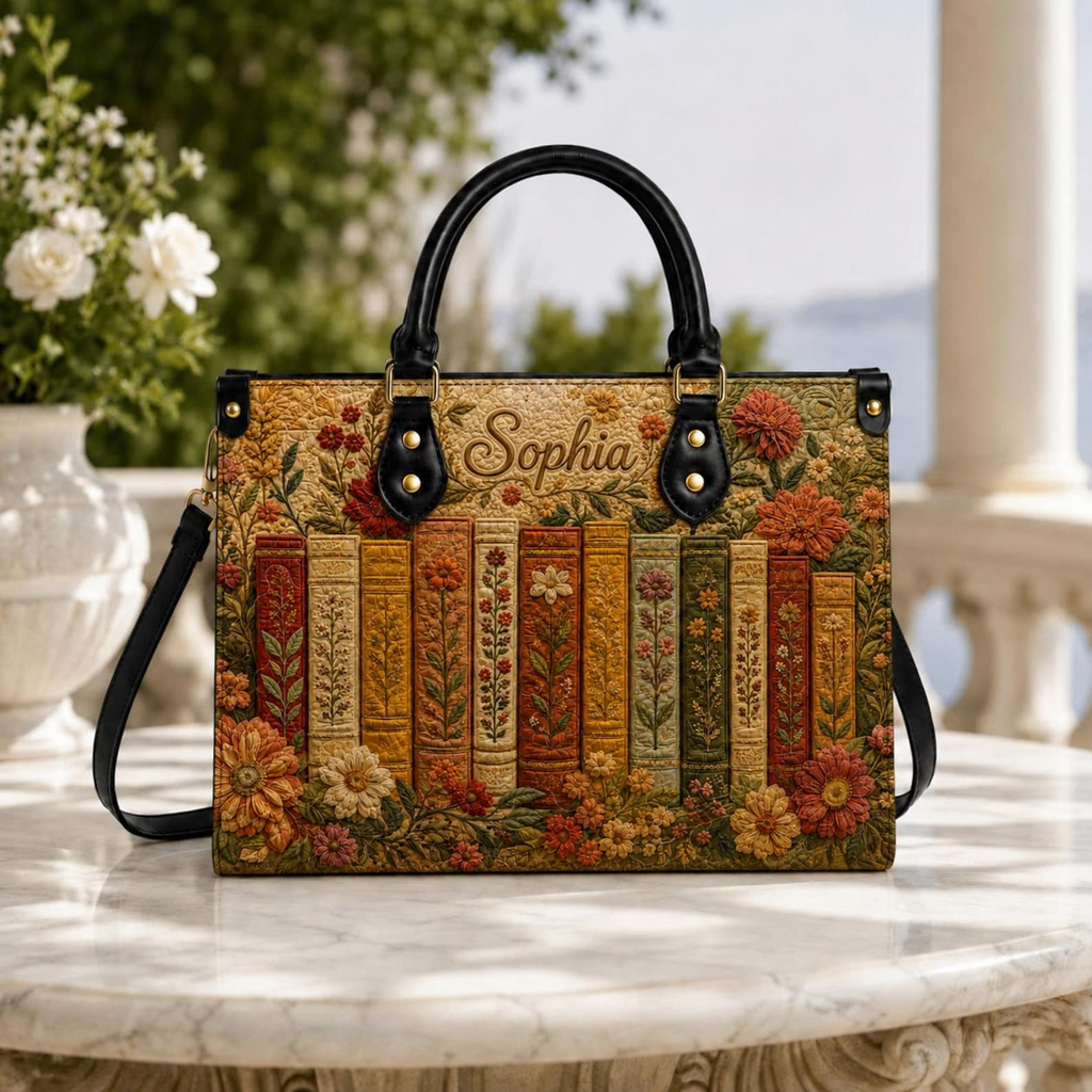 Personalized Vintage Floral Bookshelf Leather Handbag | Book Lovers & Readers | 3DH-H-019
