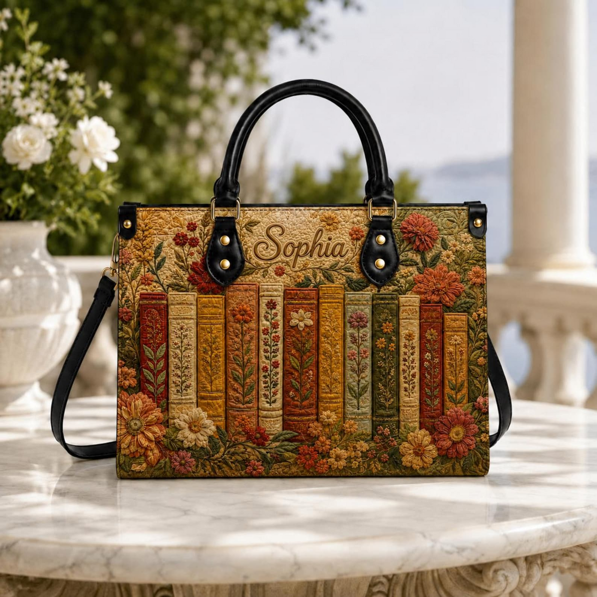 Personalized Vintage Floral Bookshelf Leather Handbag | Book Lovers & Readers | 3DH-H-019