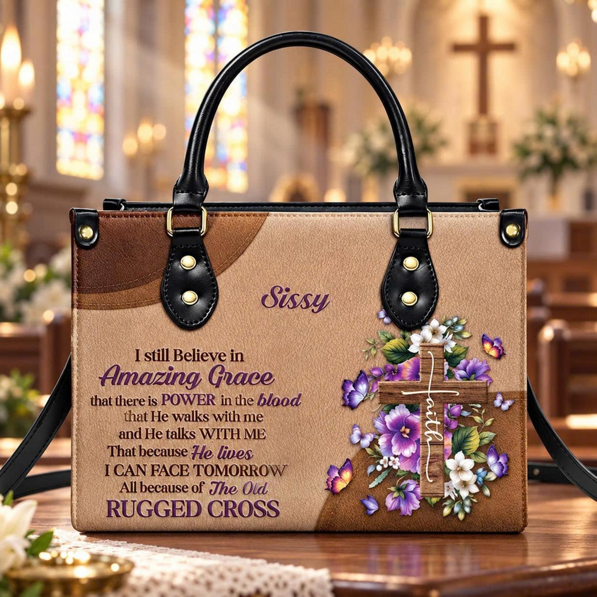 Amazing Grace | Personalized Christian Cross Leather Handbag for Women
