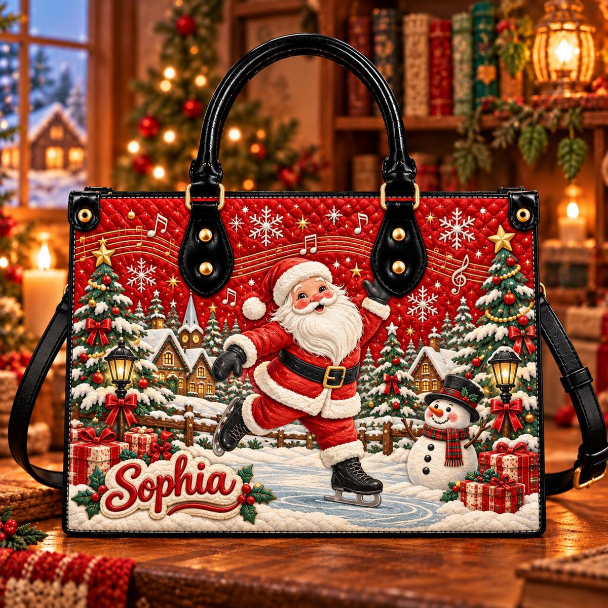Winter Village Christmas Charm | Personalized Santa Ice Skating Handbag for Women