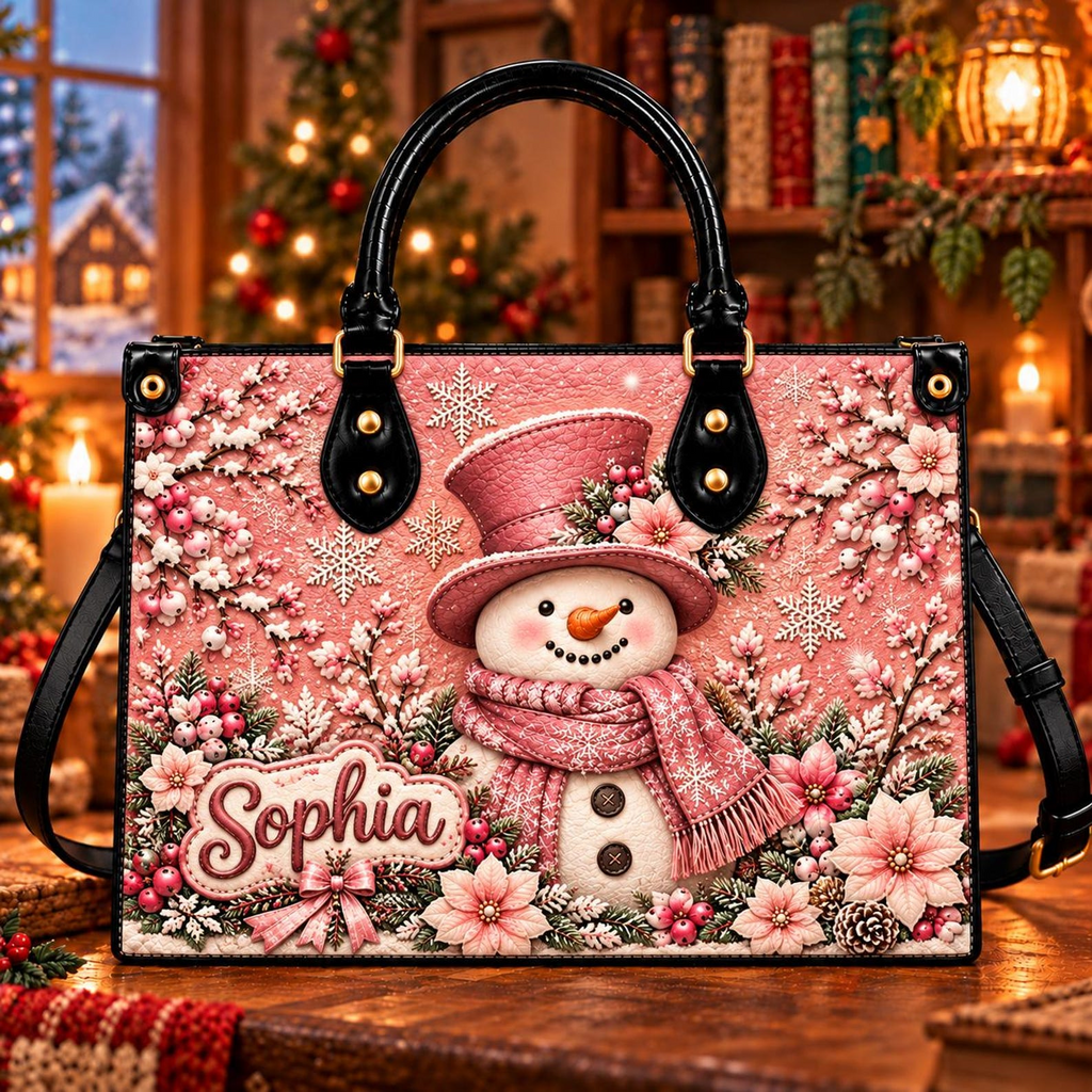 Pink Snowman Christmas | Personalized Winter Holiday Handbag for Women