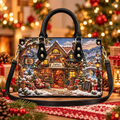 Snowy Christmas Bookshop Charm | Personalized Winter Leather Handbag for Book Lovers
