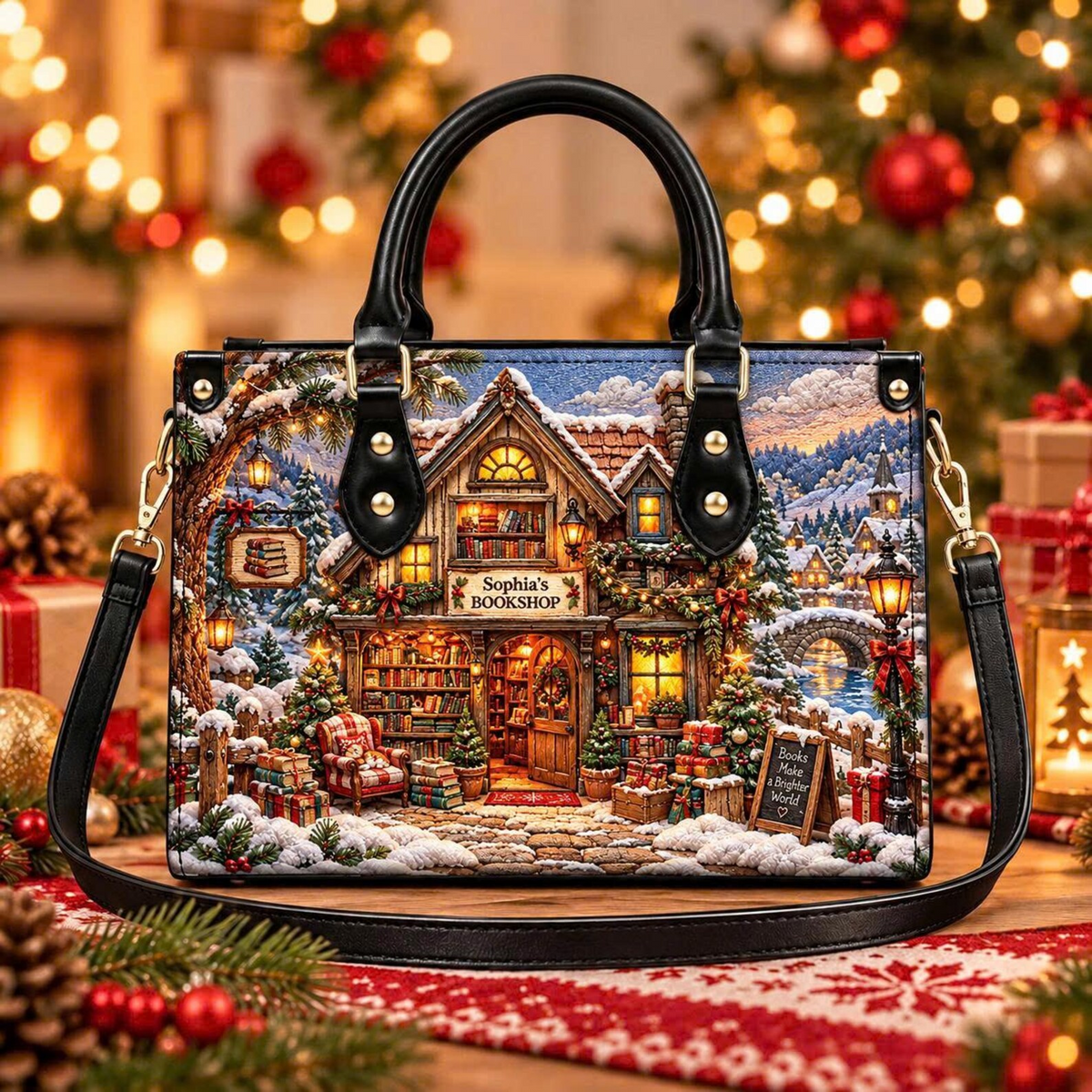 Snowy Christmas Bookshop Charm | Personalized Winter Leather Handbag for Book Lovers
