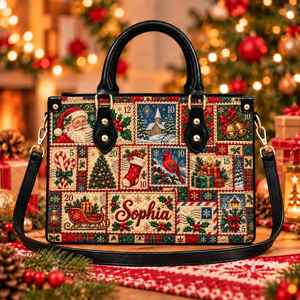 Vintage Christmas Stamp Charm | Personalized Patchwork Leather Handbag for Women
