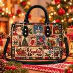 Vintage Christmas Stamp Charm | Personalized Patchwork Leather Handbag for Women
