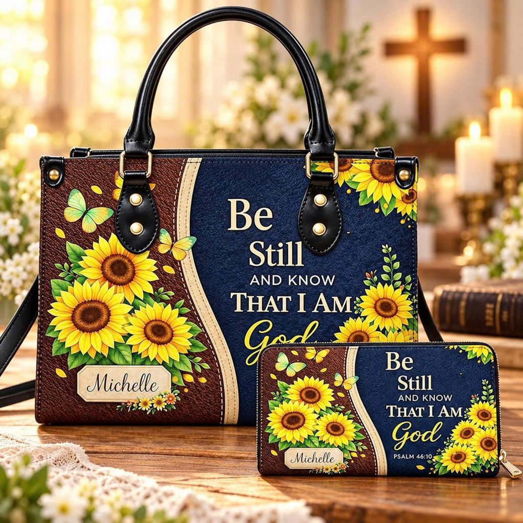 Personalized Be Still Psalm 46:10 Sunflower Leather Handbag | Christian Women & Faith Lovers