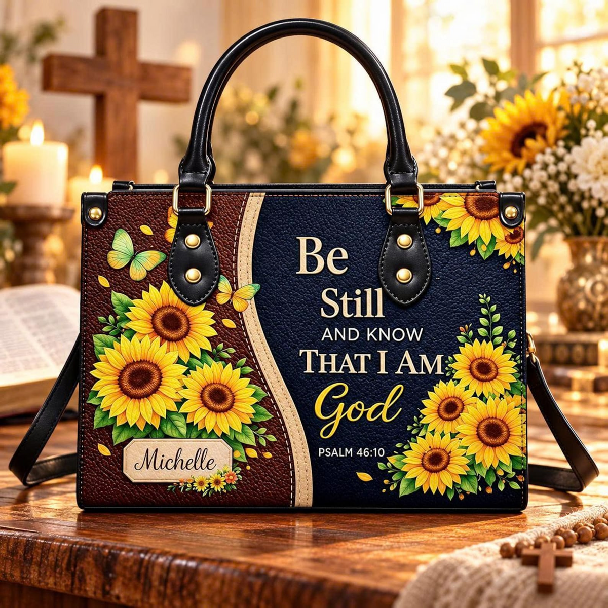 Personalized Be Still Psalm 46:10 Sunflower Leather Handbag | Christian Women & Faith Lovers
