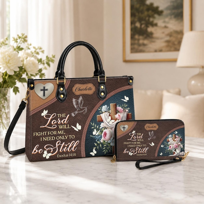 Personalized Christian Tote Bag, Custom Name Scripture Handbag, Exodus 14:14 Faux Leather Satchel | VSG-00