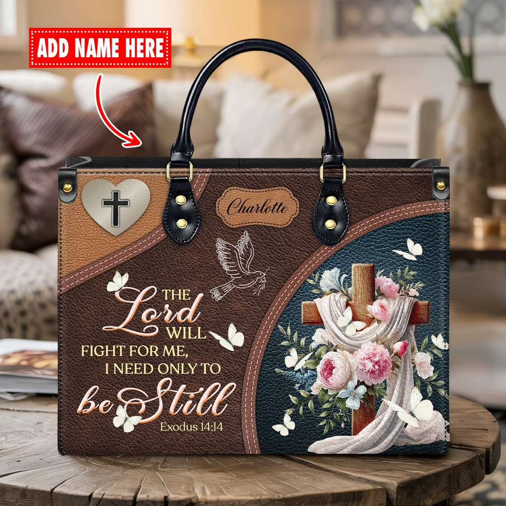 Personalized Christian Tote Bag, Custom Name Scripture Handbag, Exodus 14:14 Faux Leather Satchel | VSG-00