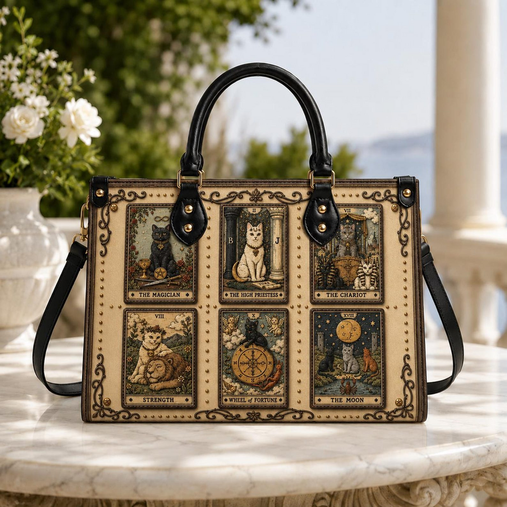 Vintage Mystic Cat Tarot Leather Handbag | Cat Lovers & Tarot Enthusiasts | Handbag-book01
