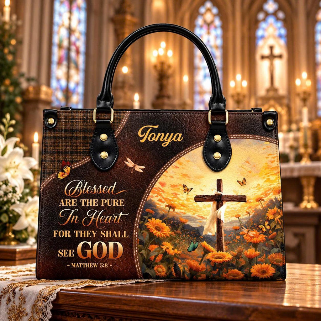 Blessed Are the Pure in Heart | Personalized Sunflower Christian Leather Handbag for Women