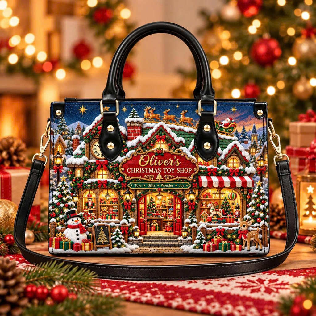 Christmas Toy Shop Charm | Personalized Holiday Leather Handbag for Women