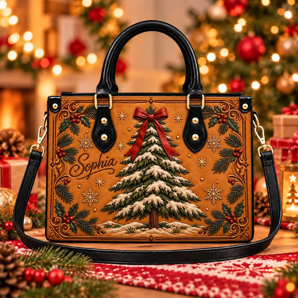 Vintage Snowy Christmas Tree Charm | Personalized Leather Handbag for Women