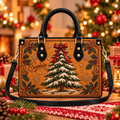 Vintage Snowy Christmas Tree Charm | Personalized Leather Handbag for Women