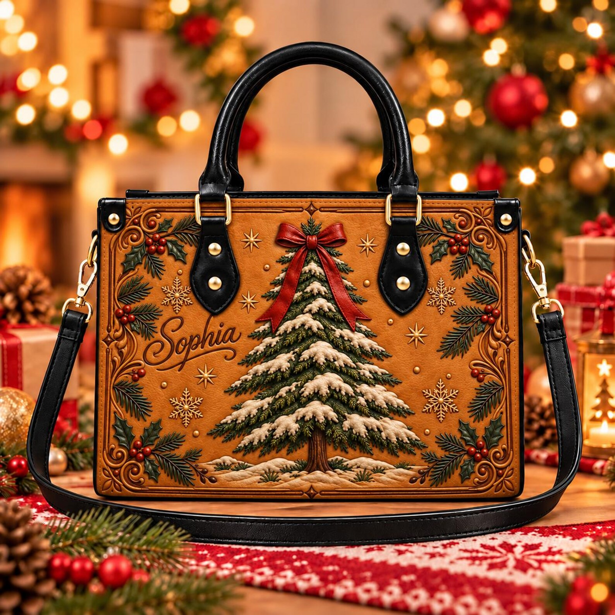 Vintage Snowy Christmas Tree Charm | Personalized Leather Handbag for Women