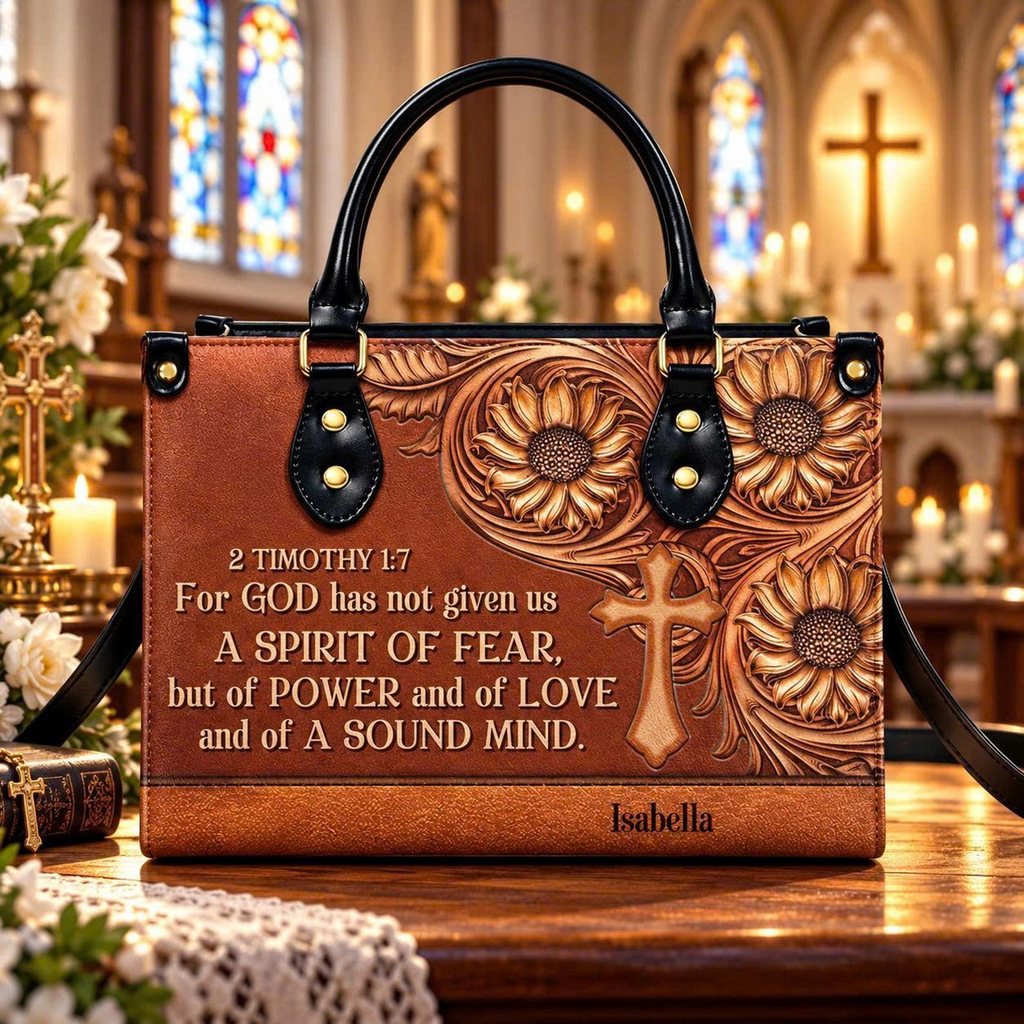 Faith Over Fear | Personalized 2 Timothy 1:7 Sunflower Christian Leather Handbag for Women