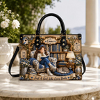 Personalized Blue Floral Reading Girl & Cat Leather Handbag | Book Lovers & Teachers | 3DH--007