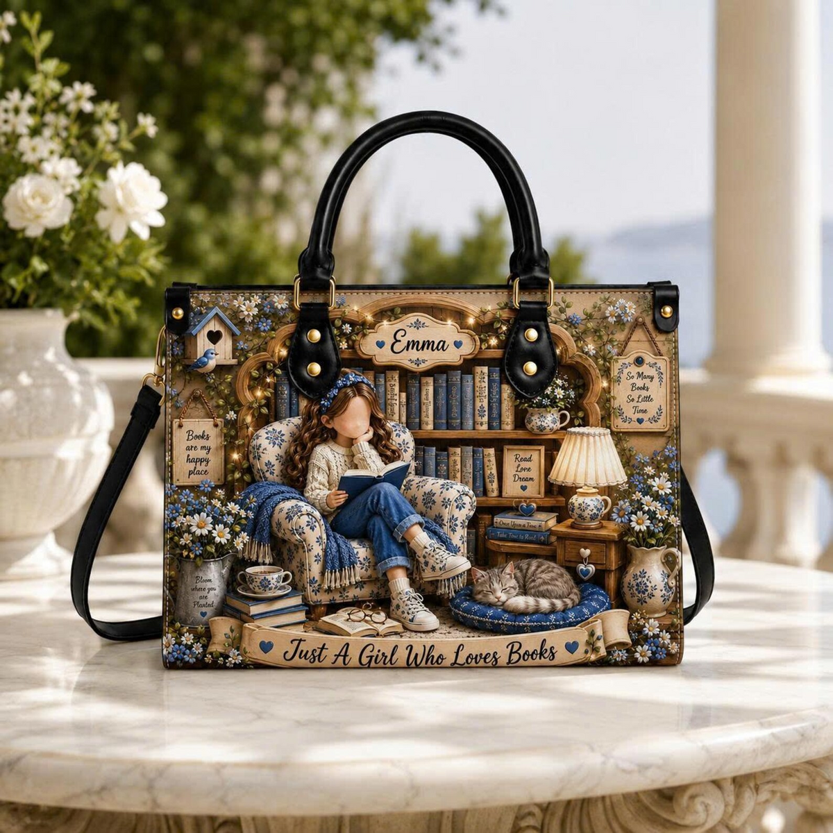 Personalized Blue Floral Reading Girl & Cat Leather Handbag | Book Lovers & Teachers | 3DH--007